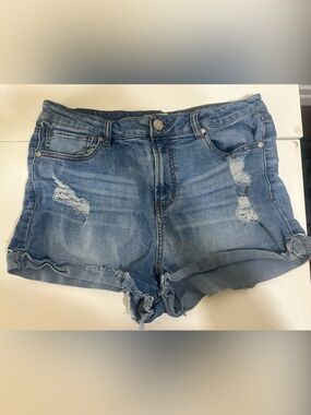 High-Rise Distressed Denim Shorts - Light Blue size 12